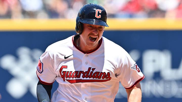 May 31, 2026; Cleveland, Ohio, USA; Cleveland Guardians first baseman Kyle Manzardo (9) advances to third on a hit by catcher Austin Hedges (not pictured) during the second inning against the Boston Red Sox at Progressive Field. Mandatory Credit: Ken Blaze-Imagn Images May 31, 2026; Cleveland, Ohio, USA; Cleveland Guardians first baseman Kyle Manzardo (9) advances to third on a hit by catcher Austin Hedges (not pictured) during the second inning against the Boston Red Sox at Progressive Field. Mandatory Credit: Ken Blaze-Imagn Images