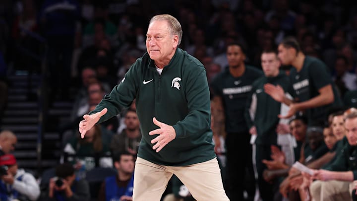 Nov 18, 2025; New York, New York, USA; Michigan State Spartans head coach Tom Izzo reacts during the second half against the Kentucky Wildcats at Madison Square Garden.