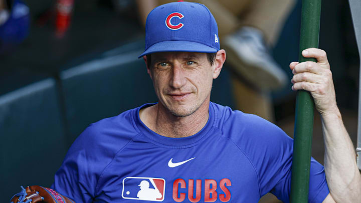 Jul 3, 2025; Chicago, Illinois, USA; Chicago Cubs manager Craig Counsell (11) stands in the dugout before a baseball game against the Cleveland Guardians at Wrigley Field. Mandatory Credit: Kamil Krzaczynski-Imagn Images