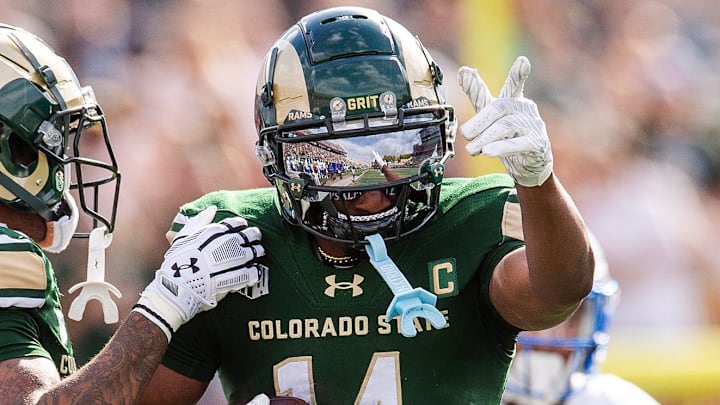 Colorado State's Tory Horton celebrates a first down during a home game against San Jose State at Canvas Stadium on Saturday, Oct. 12, 2024 in Fort Collins, Colo.