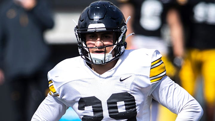 Iowa defensive back Sebastian Castro (29) looks to the sideline during a NCAA Big Ten Conference football spring practice, Saturday, April 17, 2021, at Kinnick Stadium in Iowa City, Iowa.

210417 Iowa Practice Fb 093 Jpg