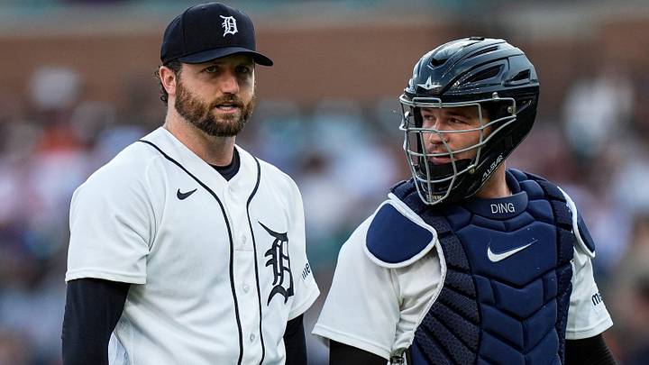 Detroit Tigers pitcher Casey Mize (12) talks to catcher Dillon Dingler (13) as they walk off the field. 