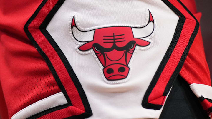 Dec 16, 2023; Miami, Florida, USA; A detailed view of the Chicago Bulls logo on the shorts of Chicago Bulls guard Ayo Dosunmu (12) during the first half against the Miami Heat at Kaseya Center. Mandatory Credit: Jasen Vinlove-Imagn Images