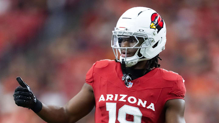 Aug 9, 2025; Glendale, Arizona, USA; Arizona Cardinals wide receiver Marvin Harrison Jr. (18) against the Kansas City Chiefs during a preseason NFL game at State Farm Stadium. Mandatory Credit: Mark J. Rebilas-Imagn Images Aug 9, 2025; Glendale, Arizona, USA; Arizona Cardinals wide receiver Marvin Harrison Jr. (18) against the Kansas City Chiefs during a preseason NFL game at State Farm Stadium. Mandatory Credit: Mark J. Rebilas-Imagn Images