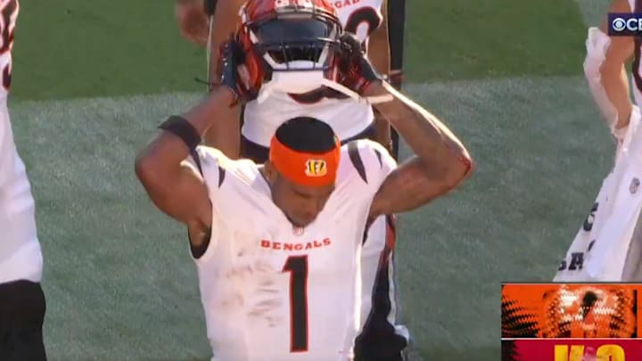 Chase slams his helmet on the Cincinnati Bengals' sideline after a costly penalty vs. the Kansas City Chiefs. Chase slams his helmet on the Cincinnati Bengals' sideline after a costly penalty vs. the Kansas City Chiefs.
