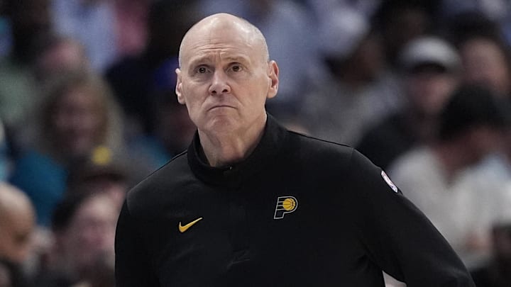 Apr 3, 2026; Charlotte, North Carolina, USA; Indiana Pacers Head Coach Rick Carlisle watches his offense during the second quarter against the Charlotte Hornets at Spectrum Center. Mandatory Credit: Jim Dedmon-Imagn Images
