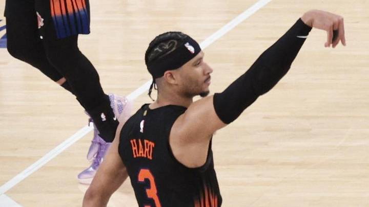 New York Knicks guard Josh Hart (3) reacts after a basket against the Cleveland Cavaliers during the fourth quarter of game two of the eastern conference finals of the 2026 NBA playoffs at Madison Square Garden.