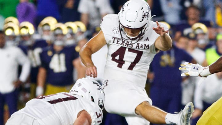 Texas A&M place kicker Randy Bond (47) kicks and scores an extra point to win a NCAA football game 41-40 against Notre Dame at Notre Dame Stadium on Saturday, Sept. 13, 2025, in South Bend.
