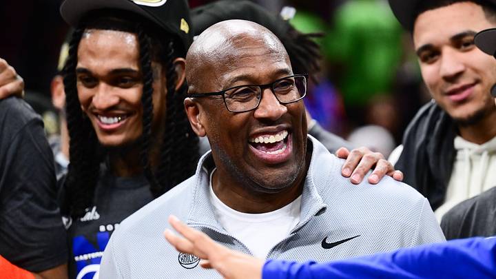 May 25, 2026; Cleveland, Ohio, USA; New York Knicks head coach Mike Brown reacts after defeating the Cleveland Cavaliers in game four of the eastern conference finals for the 2026 NBA playoffs at Rocket Arena. Mandatory Credit: Ken Blaze-Imagn Images
