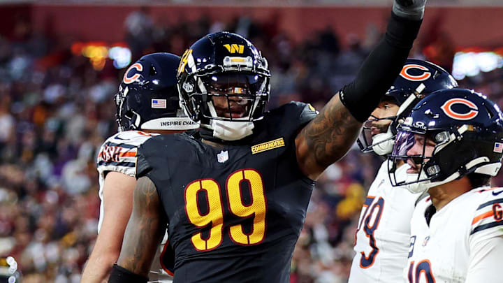 Oct 27, 2024; Landover, Maryland, USA; Washington Commanders defensive end Clelin Ferrell (99) celebrates after a play against Chicago Bears quarterback Caleb Williams (18) at Commanders Field. Mandatory Credit: Peter Casey-Imagn Images Oct 27, 2024; Landover, Maryland, USA; Washington Commanders defensive end Clelin Ferrell (99) celebrates after a play against Chicago Bears quarterback Caleb Williams (18) at Commanders Field. Mandatory Credit: Peter Casey-Imagn Images