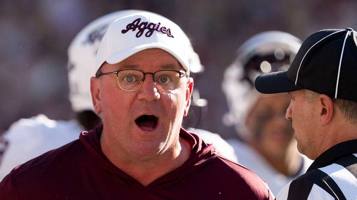 Texas A&M head coach Mike Elko voices his displeasure with an official during the game with Alabama at Saban Field at Bryant Denny Stadium. Texas A&M head coach Mike Elko voices his displeasure with an official during the game with Alabama at Saban Field at Bryant Denny Stadium.