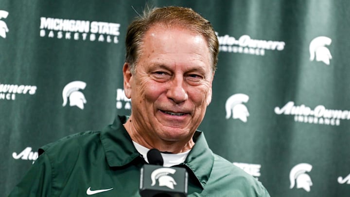 Michigan State's head coach Tom Izzo smiles while speaking to reporters during basketball media day Wednesday, Oct. 20, 2021, at the Breslin Center in East Lansing.

211020 Msu Bball Media Day 023a