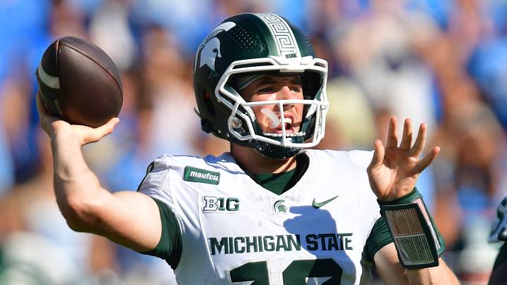 Oct 24, 2026; Pasadena, California, USA;  Michigan State Spartans quarterback Kayd Coffman (10) throws a pass during the second half against the UCLA Bruins at Rose Bowl.  Mandatory Credit: Gary A. Vasquez-Imagn Images