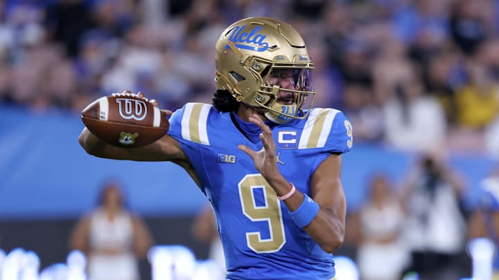 Sep 12, 2025; Pasadena, California, USA; UCLA Bruins quarterback Nico Iamaleava (9) looks to pass during the first quarter against the New Mexico Lobos at Rose Bowl. Mandatory Credit: Kiyoshi Mio-Imagn Images Sep 12, 2025; Pasadena, California, USA; UCLA Bruins quarterback Nico Iamaleava (9) looks to pass during the first quarter against the New Mexico Lobos at Rose Bowl. Mandatory Credit: Kiyoshi Mio-Imagn Images