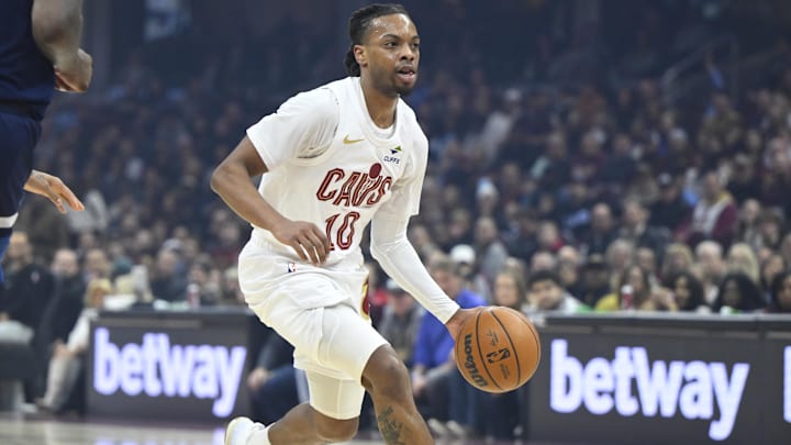 Feb 10, 2025; Cleveland, Ohio, USA; Cleveland Cavaliers guard Darius Garland (10) dribbles the ball in the first quarter against the Minnesota Timberwolves at Rocket Mortgage FieldHouse. Mandatory Credit: David Richard-Imagn Images