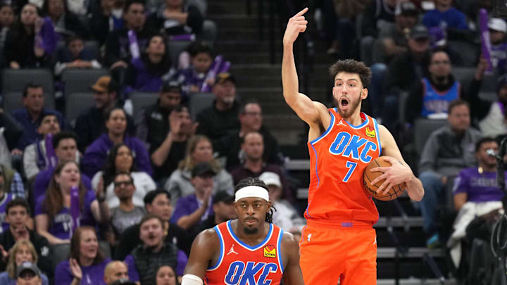 Dec 14, 2023; Sacramento, California, USA; Oklahoma City Thunder forward Chet Holmgren (7) reacts after being called for a foul against the Sacramento Kings during the fourth quarter at Golden 1 Center. Mandatory Credit: Darren Yamashita-Imagn Images