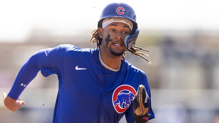 Feb 20, 2025; Phoenix, Arizona, USA; Chicago Cubs outfielder Kevin Alcantara against the Los Angeles Dodgers during a spring training game at Camelback Ranch-Glendale. Feb 20, 2025; Phoenix, Arizona, USA; Chicago Cubs outfielder Kevin Alcantara against the Los Angeles Dodgers during a spring training game at Camelback Ranch-Glendale.