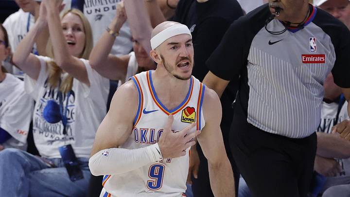May 26, 2026; Oklahoma City, Oklahoma, USA; Oklahoma City Thunder guard Alex Caruso (9) reacts after a basket during the fourth quarter against the San Antonio Spurs in game five of the western conference finals for the 2026 NBA playoffs at Paycom Center. Mandatory Credit: Alonzo Adams-Imagn Images