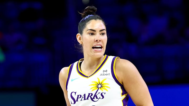 Aug 15, 2025; Arlington, Texas, USA;  Los Angeles Sparks guard Kelsey Plum (10) reacts after scoring against the Dallas Wings during the first half at College Park Center. Mandatory Credit: Kevin Jairaj-Imagn Images