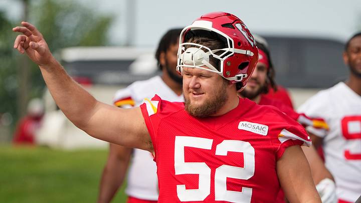 Jul 29, 2026; St. Joseph, MO, USA; Kansas City Chiefs   center Creed Humphrey (52) walks down the hill to the practice fields during training camp at Missouri Western State University. Mandatory Credit: Denny Medley-Imagn Images