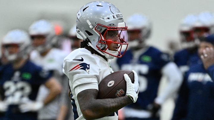May 9, 2025; Foxborough, MA, USA; New England Patriots wide receiver Kyle Williams (18) runs with the ball during rookie camp at Gillette Stadium. Mandatory Credit: Eric Canha-Imagn Images