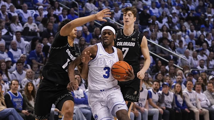Feb 14, 2026; Provo, Utah, USA; BYU Cougars forward AJ Dybantsa (3) drives during the first half against the Colorado Buffaloes at the Marriott Center. Mandatory Credit: Aaron Baker-Imagn Images