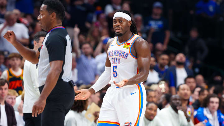 May 18, 2024; Dallas, Texas, USA;  Oklahoma City Thunder guard Luguentz Dort (5) reacts during the game against the Dallas Mavericks in game six of the second round of the 2024 NBA playoffs at American Airlines Center. Mandatory Credit: Kevin Jairaj-USA TODAY Sports