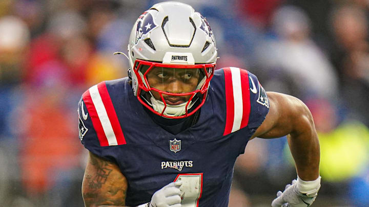 Dec 28, 2024; Foxborough, Massachusetts, USA; New England Patriots running back Antonio Gibson (4) on the field against the Los Angeles Chargers in the second half at Gillette Stadium. Mandatory Credit: David Butler II-Imagn Images