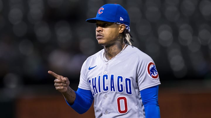 Apr 18, 2023; Oakland, California, USA; Chicago Cubs starting pitcher Marcus Stroman (0) gestures as
