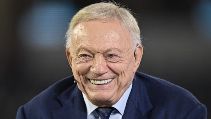 Nov 3, 2025; Arlington, Texas, USA; Dallas Cowboys owner Jerry Jones talks before the game against the Arizona Cardinals at AT&T Stadium. Mandatory Credit: Jerome Miron-Imagn Images