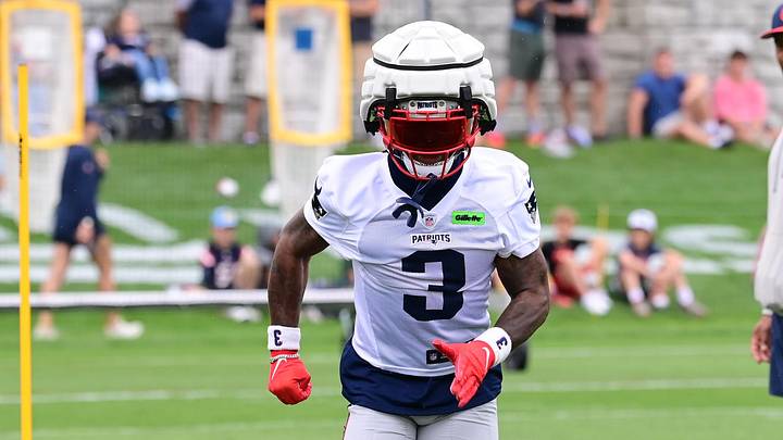 Jul 24, 2024; Foxborough, MA, USA;  New England Patriots wide receiver DeMario Douglas (3) runs through a drill during training camp at Gillette Stadium. Mandatory Credit: Eric Canha-Imagn Images