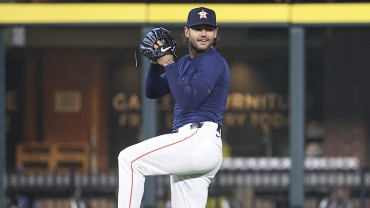 Mar 28, 2024; Houston, Texas, USA; Houston Astros pitcher Lance McCullers Jr. warms up before the game against the New York Yankees at Minute Maid Park. 