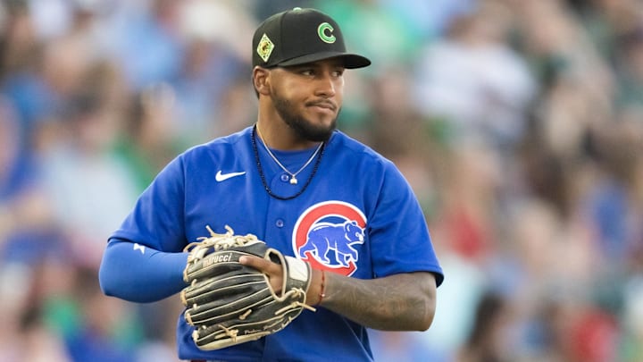 Mar 17, 2026; Mesa, Arizona, USA; Chicago Cubs third baseman Pedro Ramirez against the Los Angeles Angels during a spring training game at Sloan Park. Mandatory Credit: Mark J. Rebilas-Imagn Images