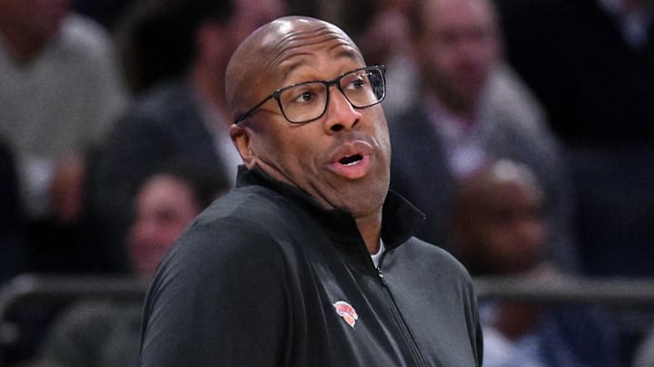 Oct 9, 2025; New York, New York, USA; New York Knicks head coach Mike Brown reacts during the first half against the Minnesota Timberwolves at Madison Square Garden. Mandatory Credit: John Jones-Imagn Images Oct 9, 2025; New York, New York, USA; New York Knicks head coach Mike Brown reacts during the first half against the Minnesota Timberwolves at Madison Square Garden. Mandatory Credit: John Jones-Imagn Images