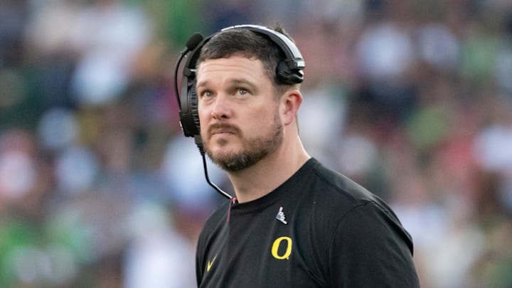 Oregon head coach Dan Lanning looks to the clock towards the end of the first half as the Oregon Ducks face the Ohio State Buckeyes Wednesday, Jan. 1, 2025, in the quarterfinal of the College Football Playoff at the Rose Bowl in Pasadena, Calif.