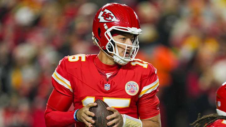 Dec 8, 2024; Kansas City, Missouri, USA; Kansas City Chiefs quarterback Patrick Mahomes (15) drops back to pass during the first half against the Los Angeles Chargers at GEHA Field at Arrowhead Stadium. Mandatory Credit: Jay Biggerstaff-Imagn Images