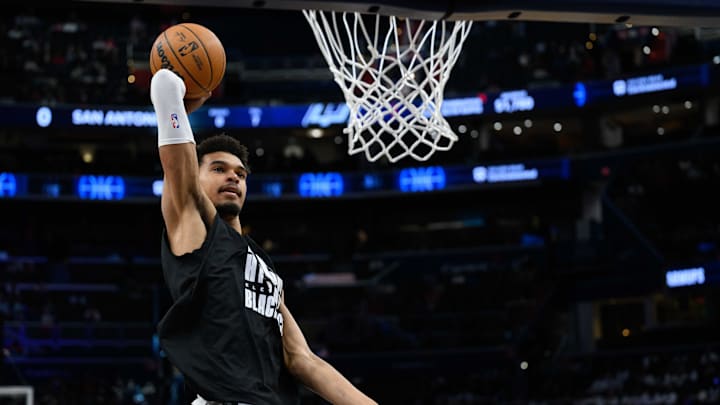 Feb 10, 2025; Washington, District of Columbia, USA; San Antonio Spurs center Victor Wembanyama (1) warms up before the game between the Washington Wizards and the San Antonio Spurs at Capital One Arena.