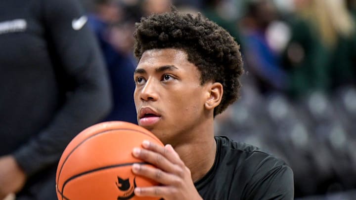 Michigan State's Jeremy Fears Jr. shoots during warmups before the game against Illinois on Saturday, Feb. 7, 2026, at the Breslin Center in East Lansing.