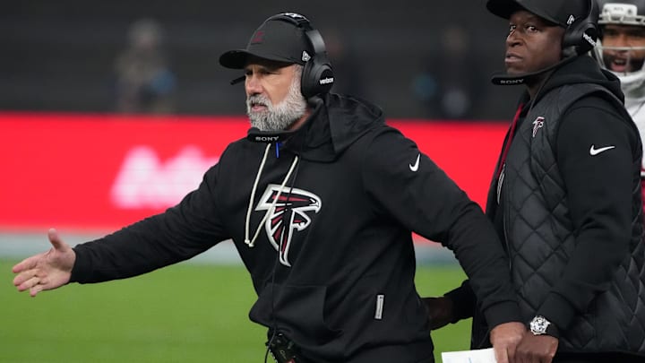 Nov 9, 2025; Berlin, Germany; Atlanta Falcons defensive coordinator Jeff Ulbrich (left) and head coach Raheem Morris in the second half against the Indianapolis Colts during the NFL Berlin Game at Olympic Stadium. Mandatory Credit: Kirby Lee-Imagn Images Nov 9, 2025; Berlin, Germany; Atlanta Falcons defensive coordinator Jeff Ulbrich (left) and head coach Raheem Morris in the second half against the Indianapolis Colts during the NFL Berlin Game at Olympic Stadium. Mandatory Credit: Kirby Lee-Imagn Images