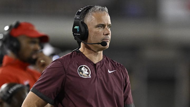 Sep 28, 2024; Dallas, Texas, USA; Florida State Seminoles head coach Mike Norvell during the game between the Southern Methodist Mustangs and the Florida State Seminoles at Gerald J. Ford Stadium. Mandatory Credit: Jerome Miron-Imagn Images