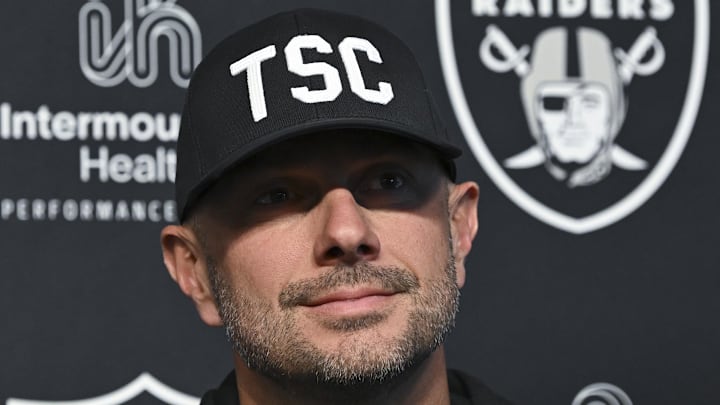 Apr 25, 2025; Henderson, NV, USA; (L-R) Las Vegas Raiders general manager John Spytek during a news conference introducing Ashton Jeanty as the first round draft pick in the 2025 NFL Draft at Intermountain Health Performance Center. Mandatory Credit: Candice Ward-Imagn Images