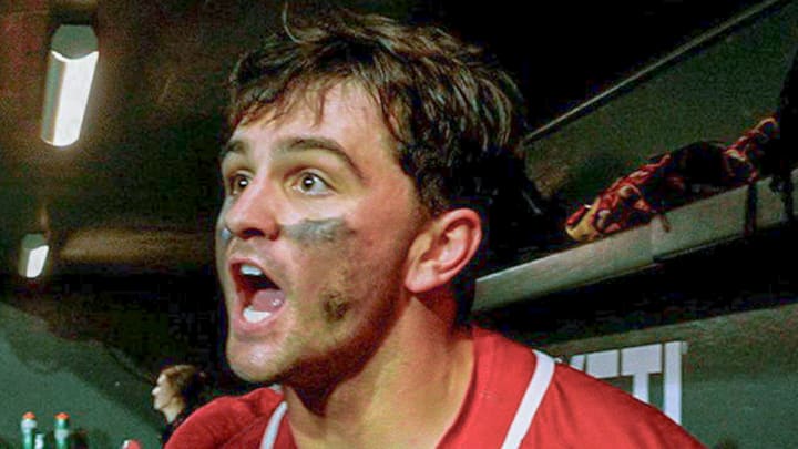 Arkansas Razorbacks catcher Ryder Helfrick, shown after his second home run beat the Auburn Tigers on the road, is the Hogs' emotional leader.