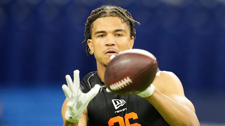 Feb 28, 2026; Indianapolis, IN, USA; North Dakota State wideout Bryce Lance (WO26) during the NFL Scouting Combine at Lucas Oil Stadium. Mandatory Credit: Kirby Lee-Imagn Images