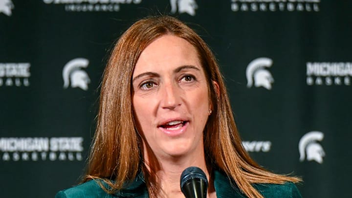 Michigan State's head coach Robyn Fralick speaks during women's basketball media day on Tuesday, Oct. 21, 2025, at the Breslin Center in East Lansing.
