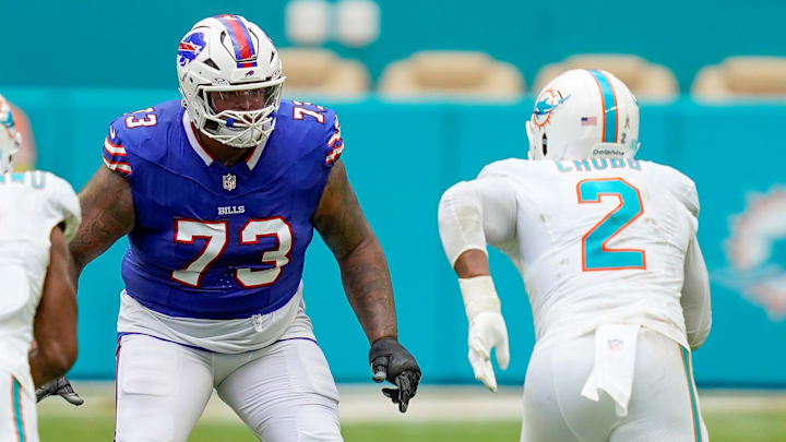 Buffalo Bills offensive tackle Dion Dawkins (73) blocks Miami Dolphins outside linebacker Bradley Chubb (2) during the second quarter at Hard Rock Stadium.