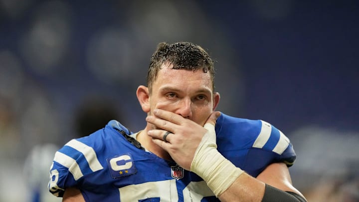 Indianapolis Colts center Ryan Kelly leaves the field after facing the Jacksonville Jaguars.