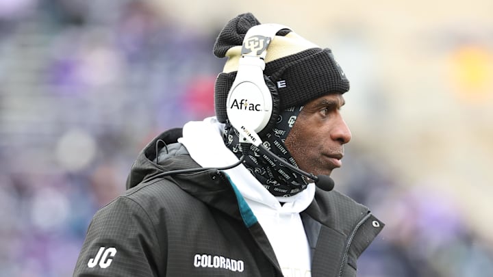 Nov 29, 2025; Manhattan, Kansas, USA; Colorado Buffaloes head coach Deion Sanders looks on during the second quarter against the Kansas State Wildcats at Bill Snyder Family Football Stadium. Nov 29, 2025; Manhattan, Kansas, USA; Colorado Buffaloes head coach Deion Sanders looks on during the second quarter against the Kansas State Wildcats at Bill Snyder Family Football Stadium.