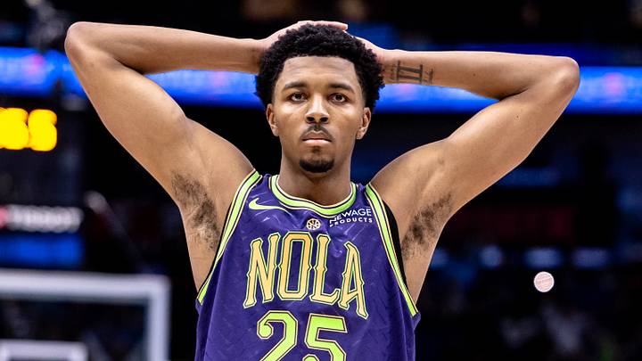 Dec 30, 2024; New Orleans, Louisiana, USA; New Orleans Pelicans guard Trey Murphy III (25) reacts to a foul called against the LA Clippers during the second half at Smoothie King Center. Mandatory Credit: Stephen Lew-Imagn Images Dec 30, 2024; New Orleans, Louisiana, USA; New Orleans Pelicans guard Trey Murphy III (25) reacts to a foul called against the LA Clippers during the second half at Smoothie King Center. Mandatory Credit: Stephen Lew-Imagn Images