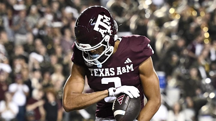 Nov 16, 2024; College Station, Texas, USA; Texas A&M Aggies wide receiver Noah Thomas (3) reacts after scoring a touchdown during the first quarter against the New Mexico State Aggies at Kyle Field. Mandatory Credit: Maria Lysaker-Imagn Images 