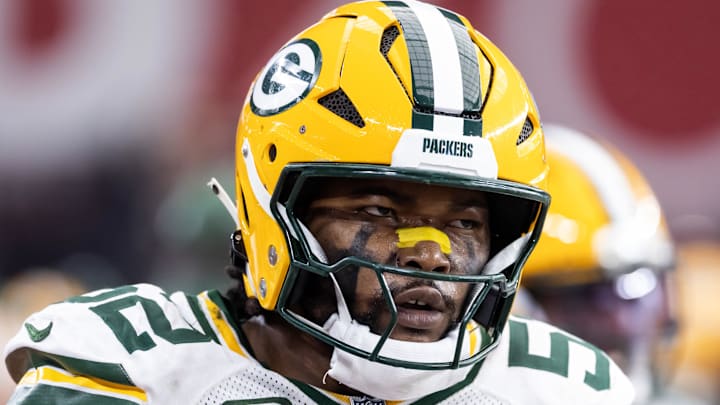 Oct 19, 2025; Glendale, Arizona, USA; Green Bay Packers defensive lineman Rashan Gary (52) against the Arizona Cardinals at State Farm Stadium. Mandatory Credit: Mark J. Rebilas-Imagn Images